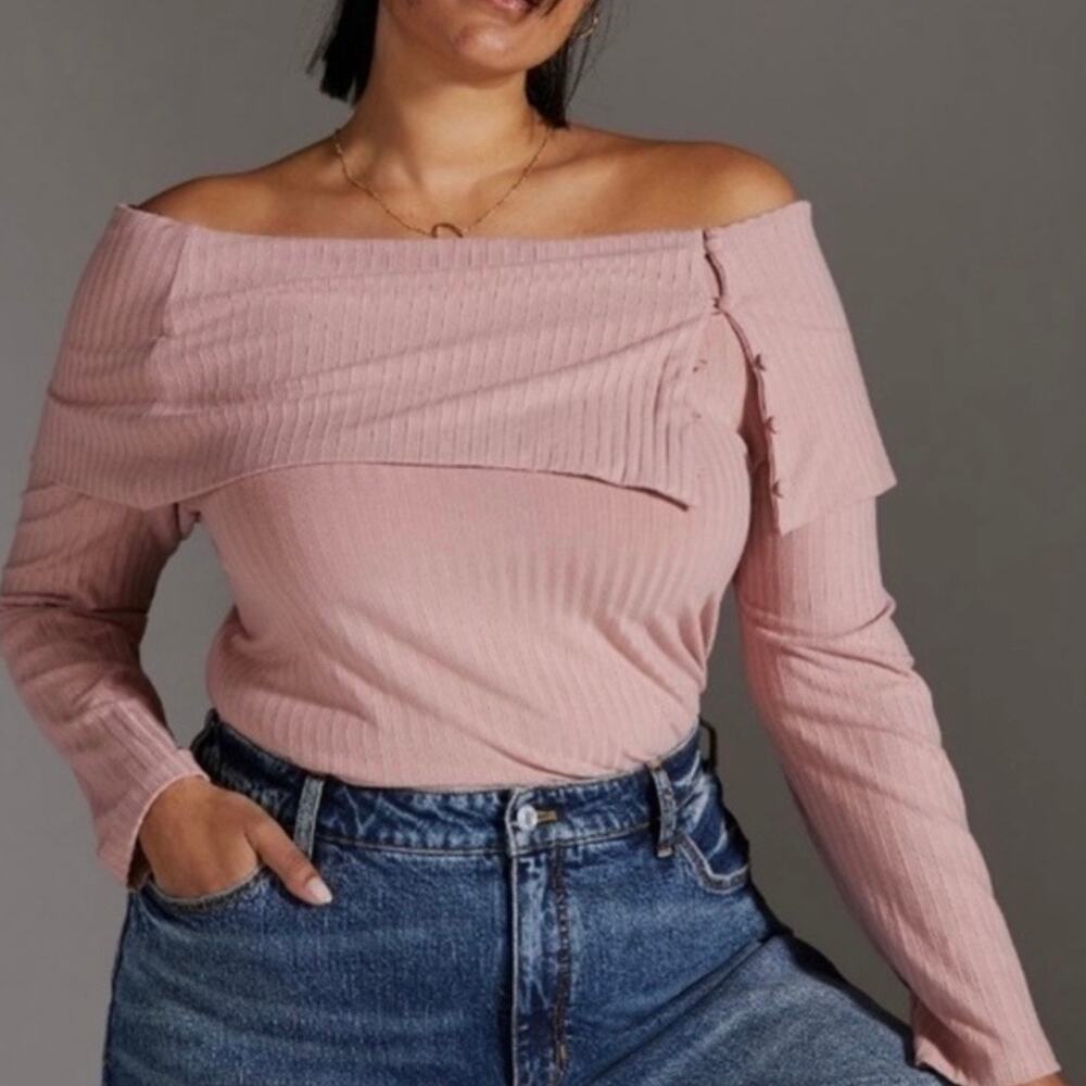 ANTHROPOLOGIE Ribbed Knit Off Shoulder Top Mauve Rose Pink Large L